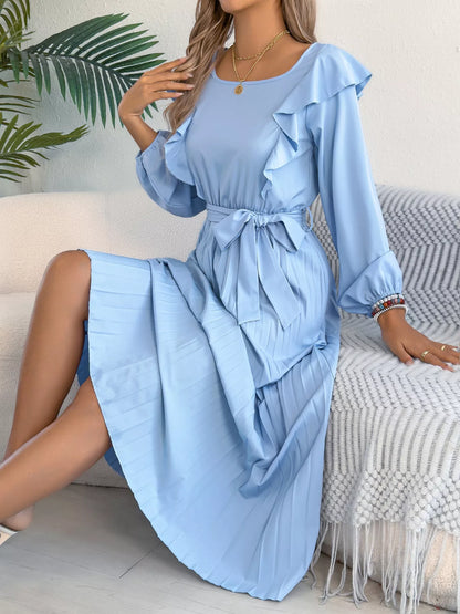 Ruffle Trim Pleated A-Line Midi Dress-Nordavory
