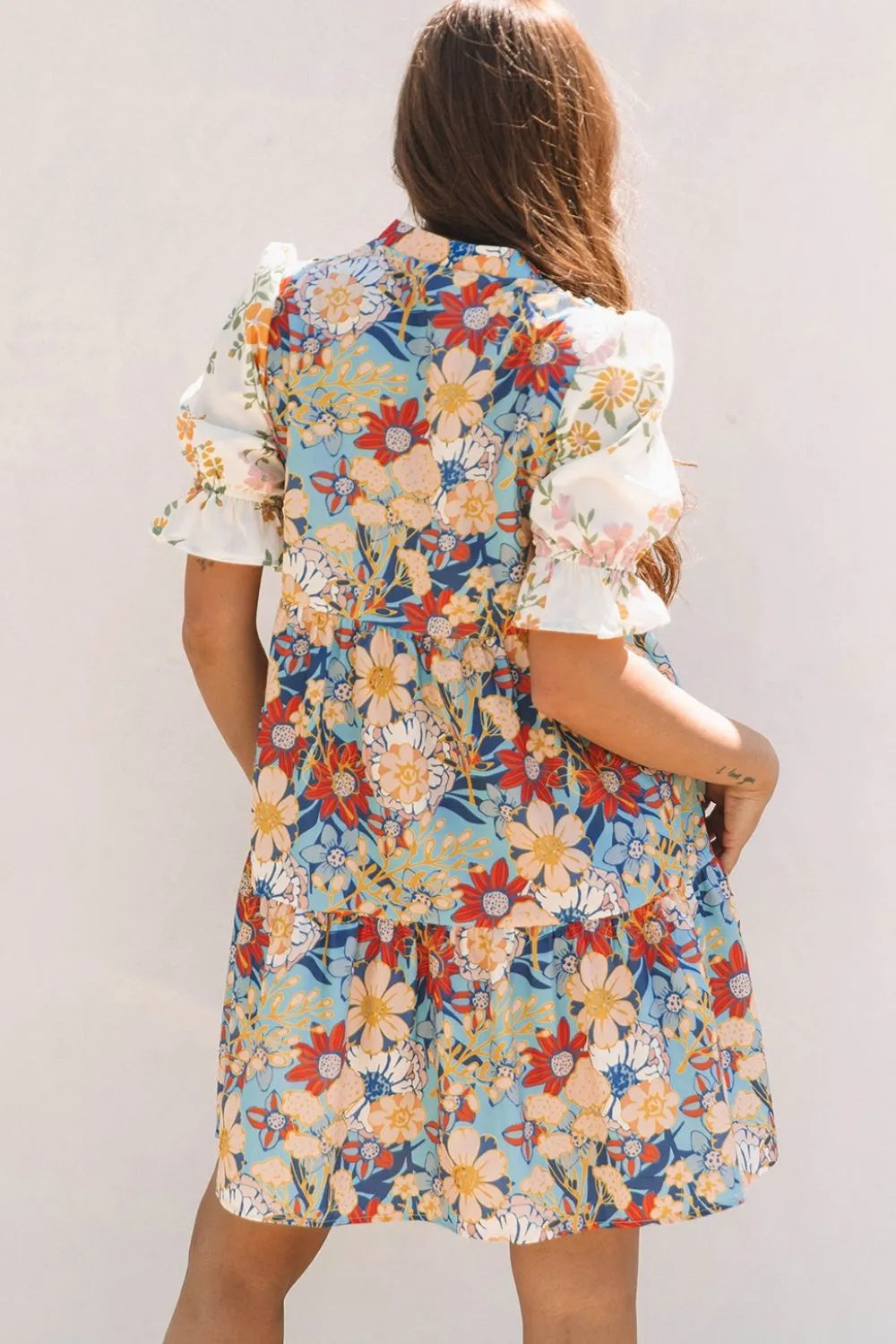 Printed Notched Flounce Sleeve Mini Dress-Nordavory