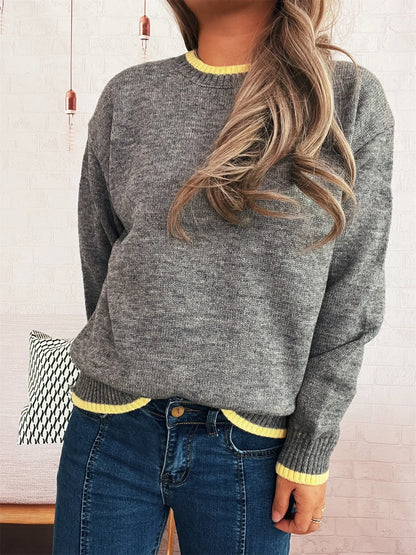 Ribbed Contrast Trim Long Sleeve Sweater-Nordavory