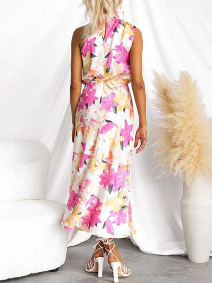 Floral Print High Neck Sleeveless Midi Dress-Nordavory