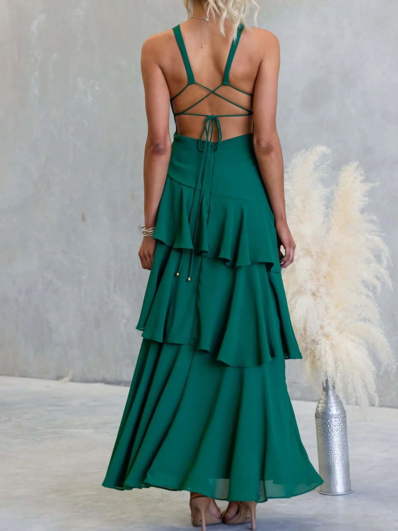 Sleeveless Ruffled Layered Backless Maxi Dress-Nordavory