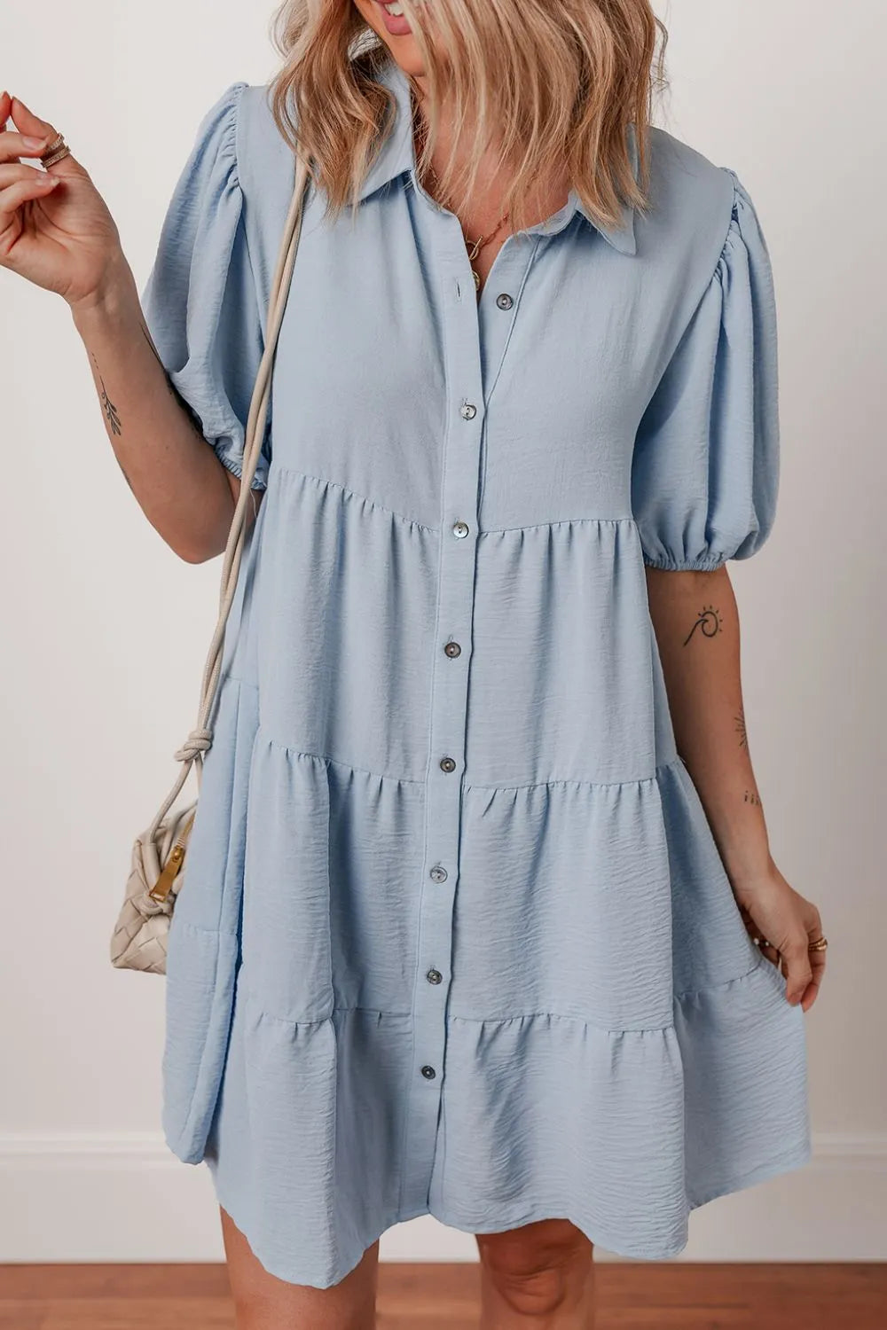 Button Up Puff Sleeve Tiered Shirt Dress-Nordavory