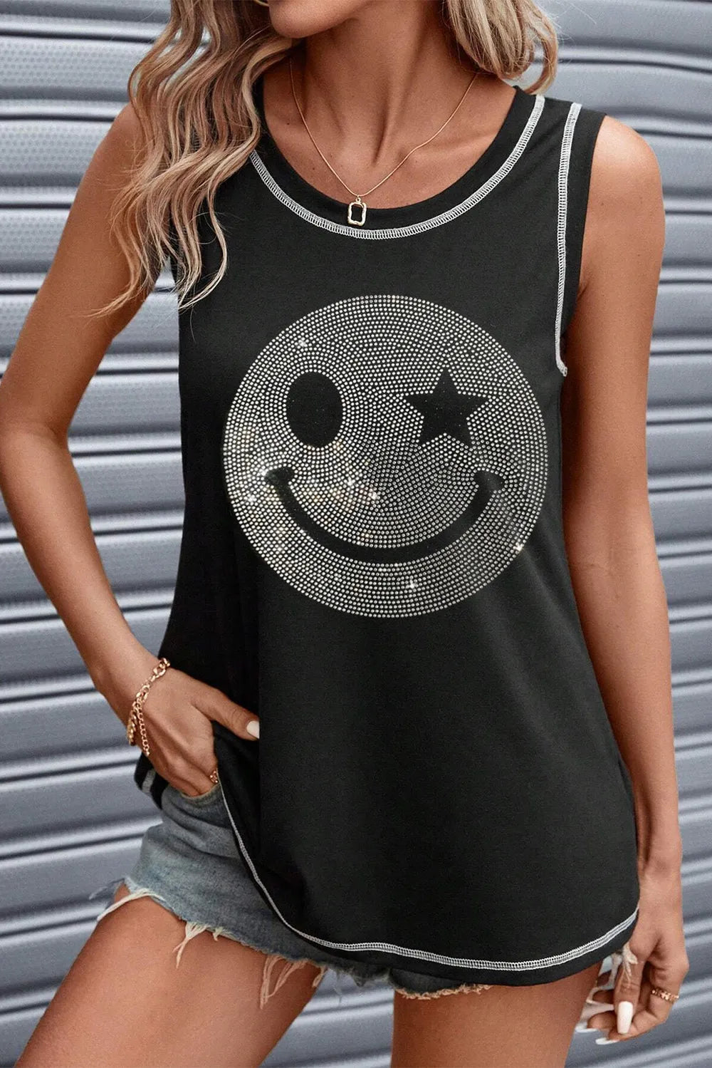 Rhinestone Smile Face Round Neck Tank-Nordavory
