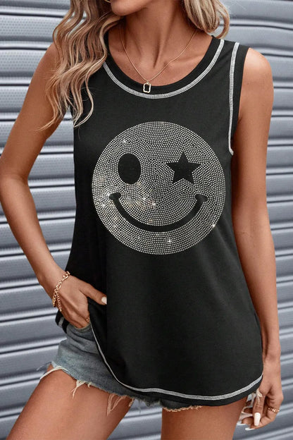Rhinestone Smile Face Round Neck Tank-Nordavory