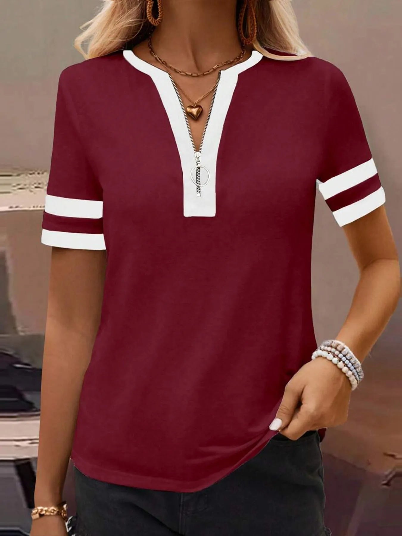 Striped Short Sleeve Half Zip Top-Nordavory