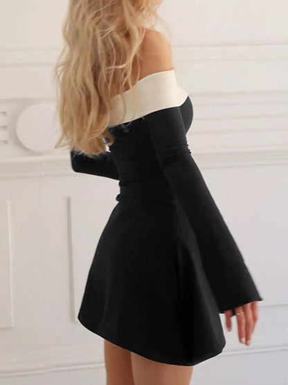 Off-Shoulder Bell Sleeve Mini Dress-Nordavory