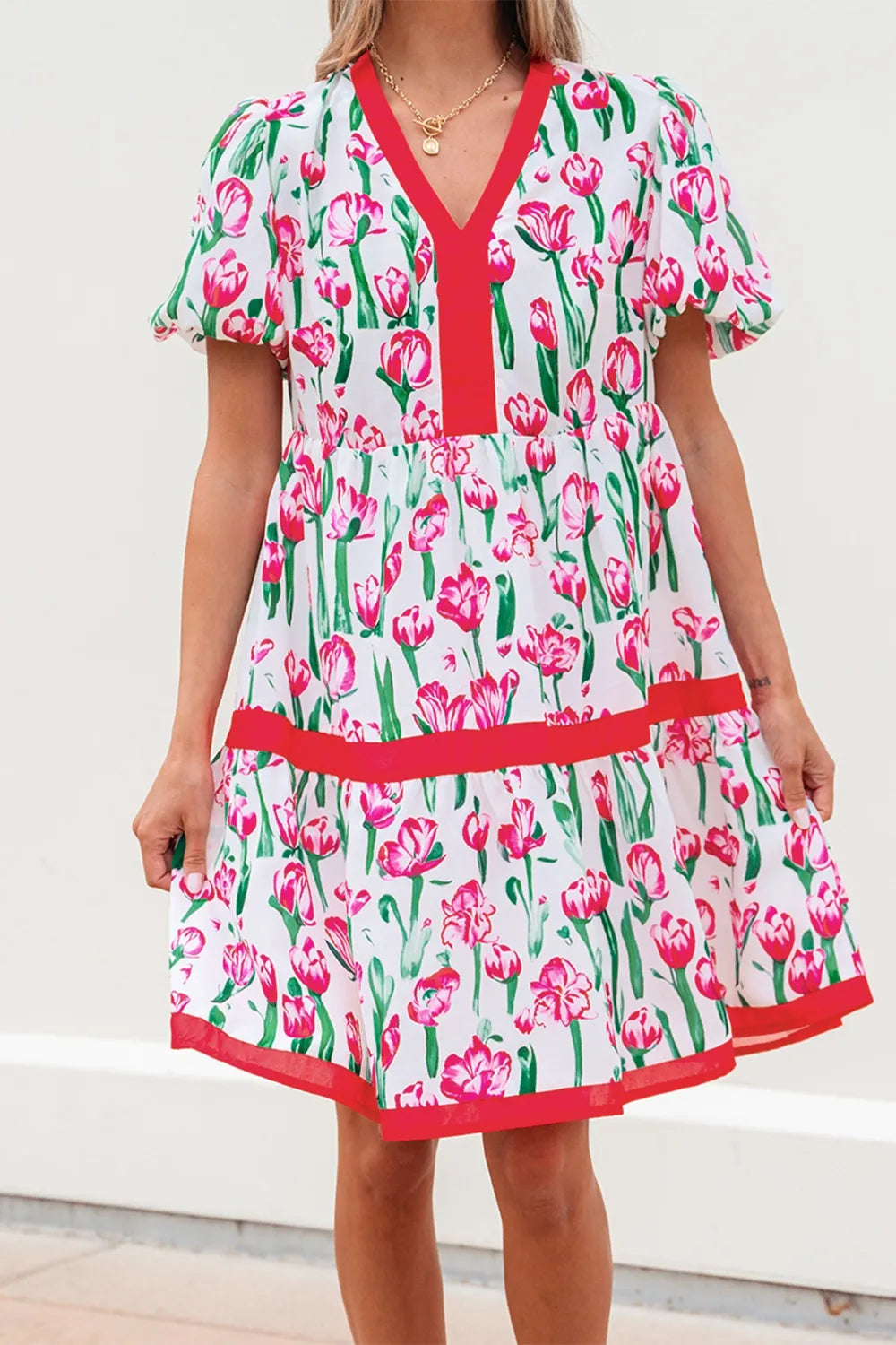 Floral Print Contrast Trim V Neck Bubble Short Sleeve Babydoll Dress-Nordavory
