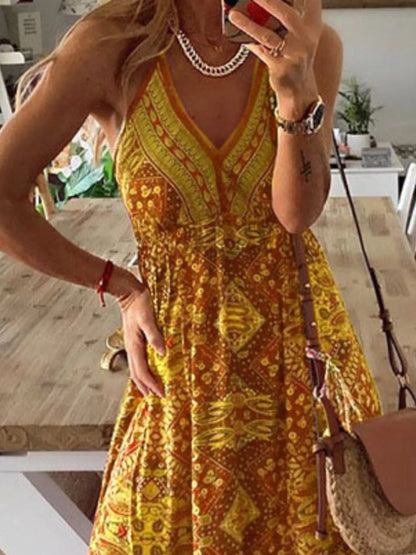 Printed V-Neck Maxi Dress-Nordavory