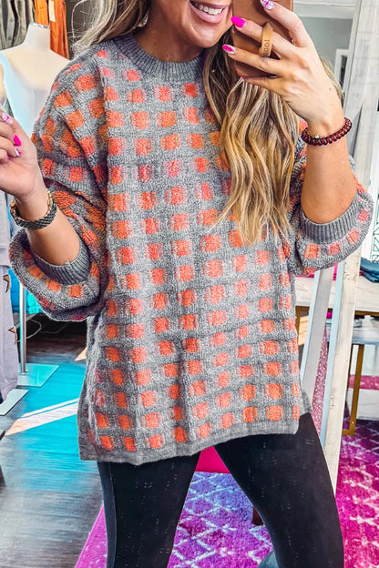 Plaid Round Neck Dropped Shoulder Sweater-Nordavory