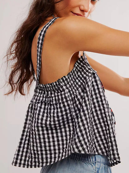 Smocked Gingham Tie-Front Cami-Nordavory
