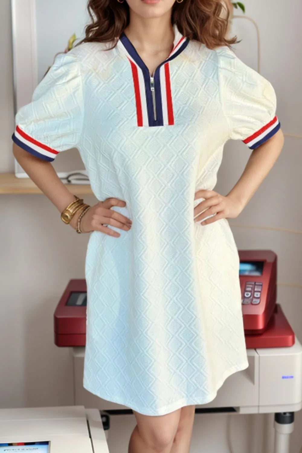 Striped Collared Zip Up Textured Dress-Nordavory