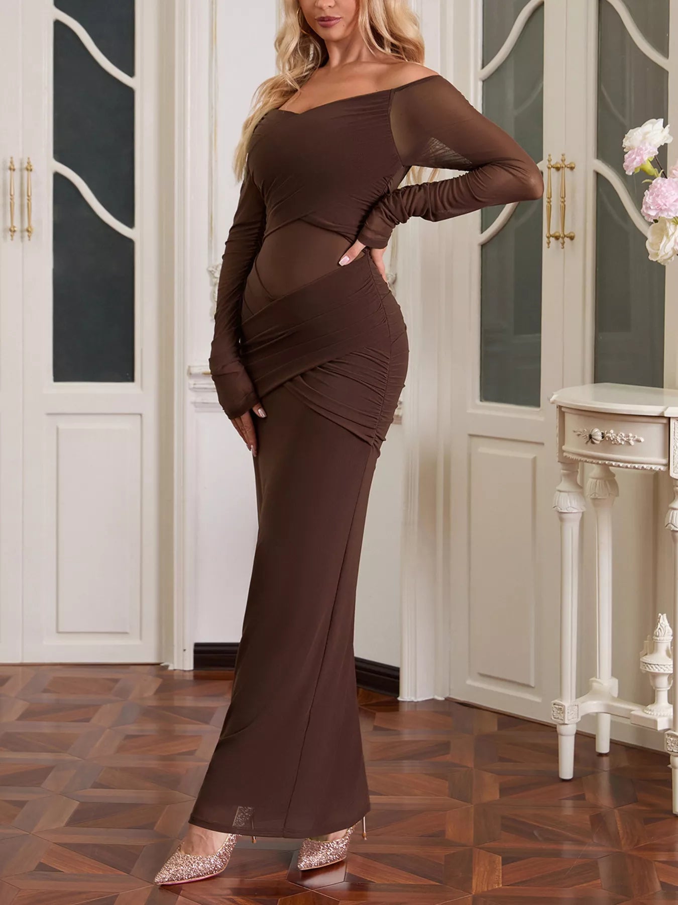 Off-Shoulder Ruched Mesh Long Sleeve Maxi Dress-Nordavory
