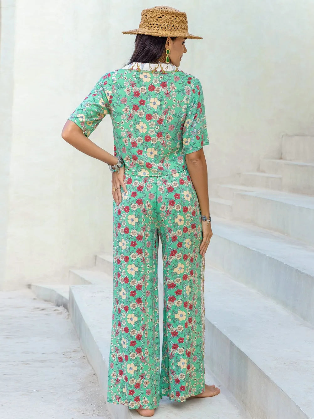 Printed Half Sleeve Top and Wide Leg Pants Set-Nordavory