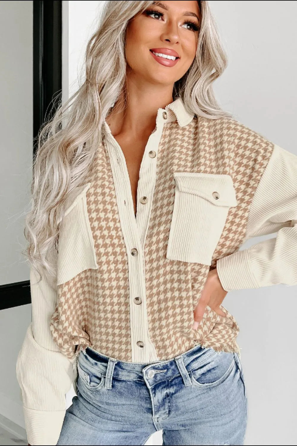 Houndstooth Button Up Long Sleeve Jacket-Nordavory