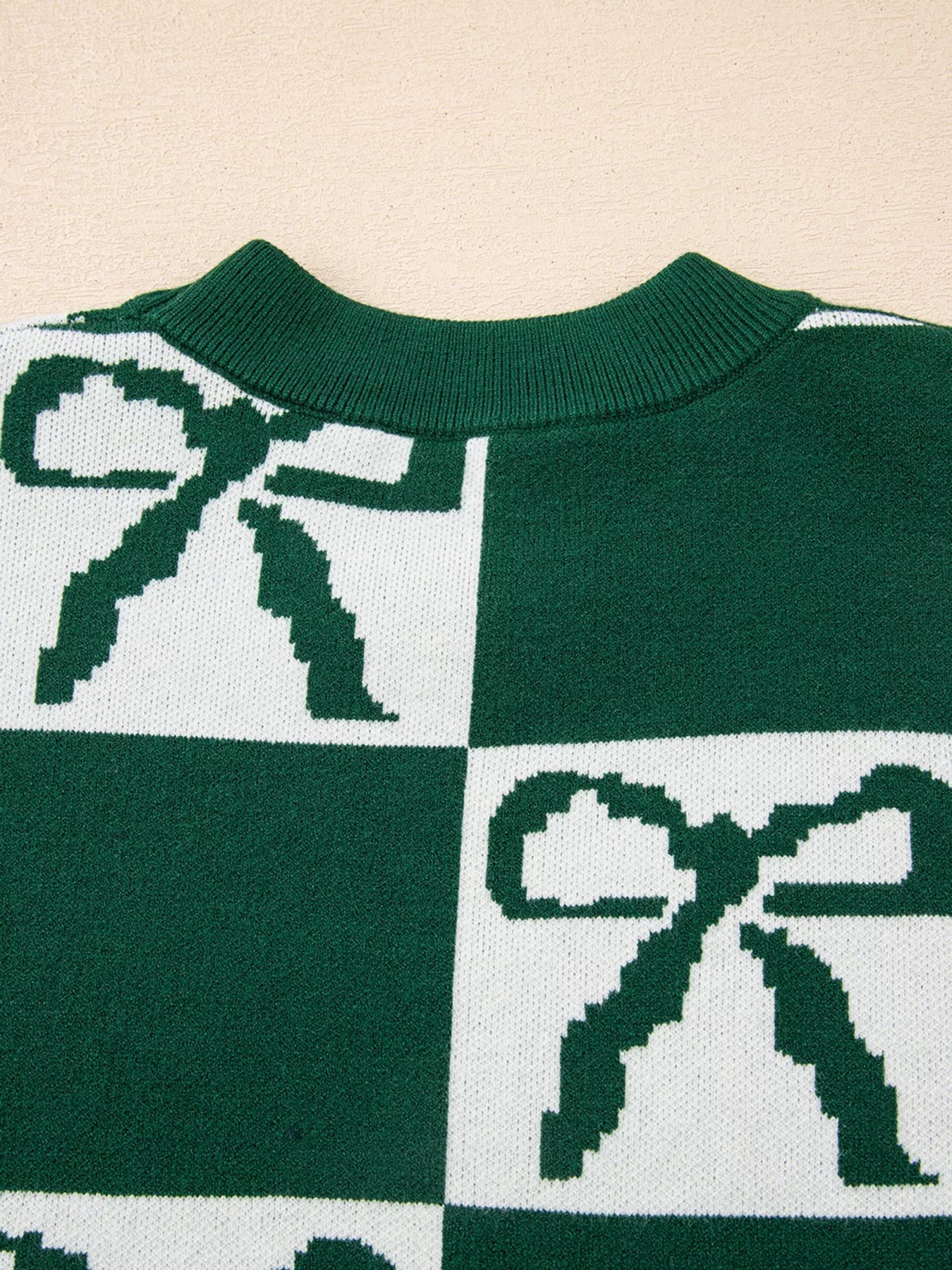 Checkered Bow Round Neck Casual Sweater-Nordavory