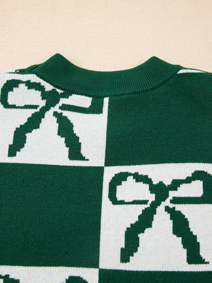 Checkered Bow Round Neck Casual Sweater-Nordavory