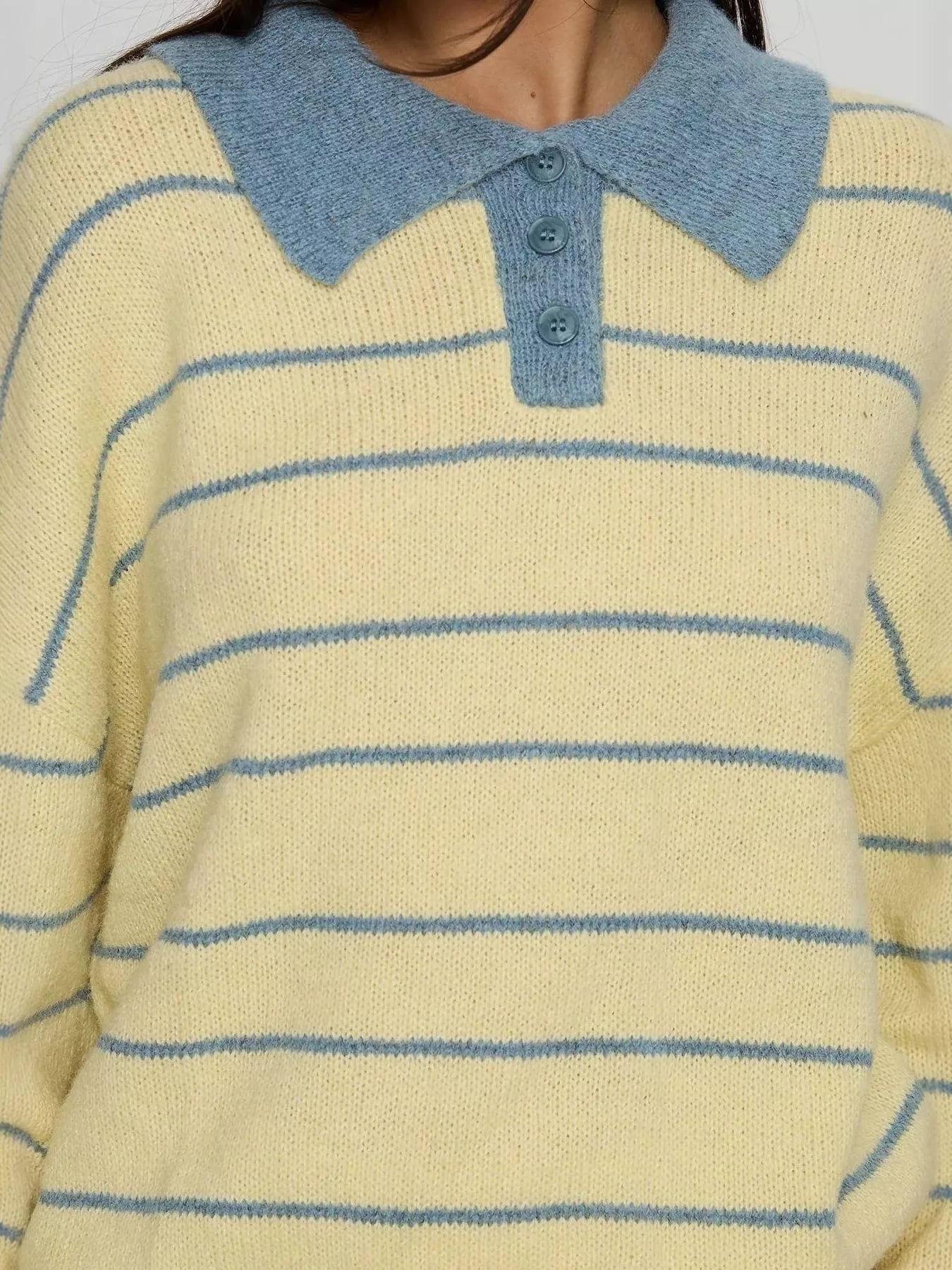 Striped Polo Collar Long Sleeve Sweater-Nordavory