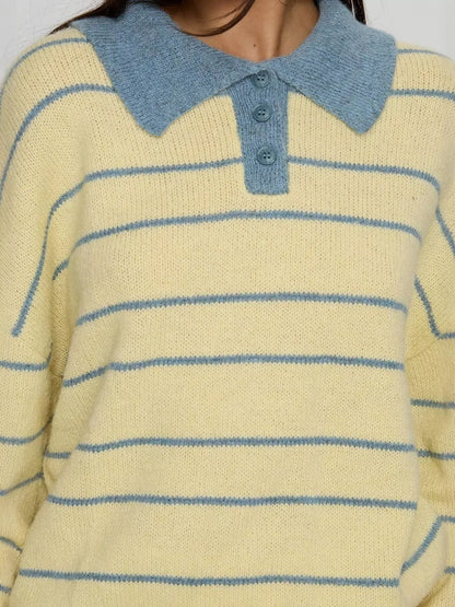 Striped Polo Collar Long Sleeve Sweater-Nordavory