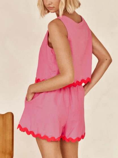 Contrast Trim Round Neck Tank and Shorts Set-Nordavory