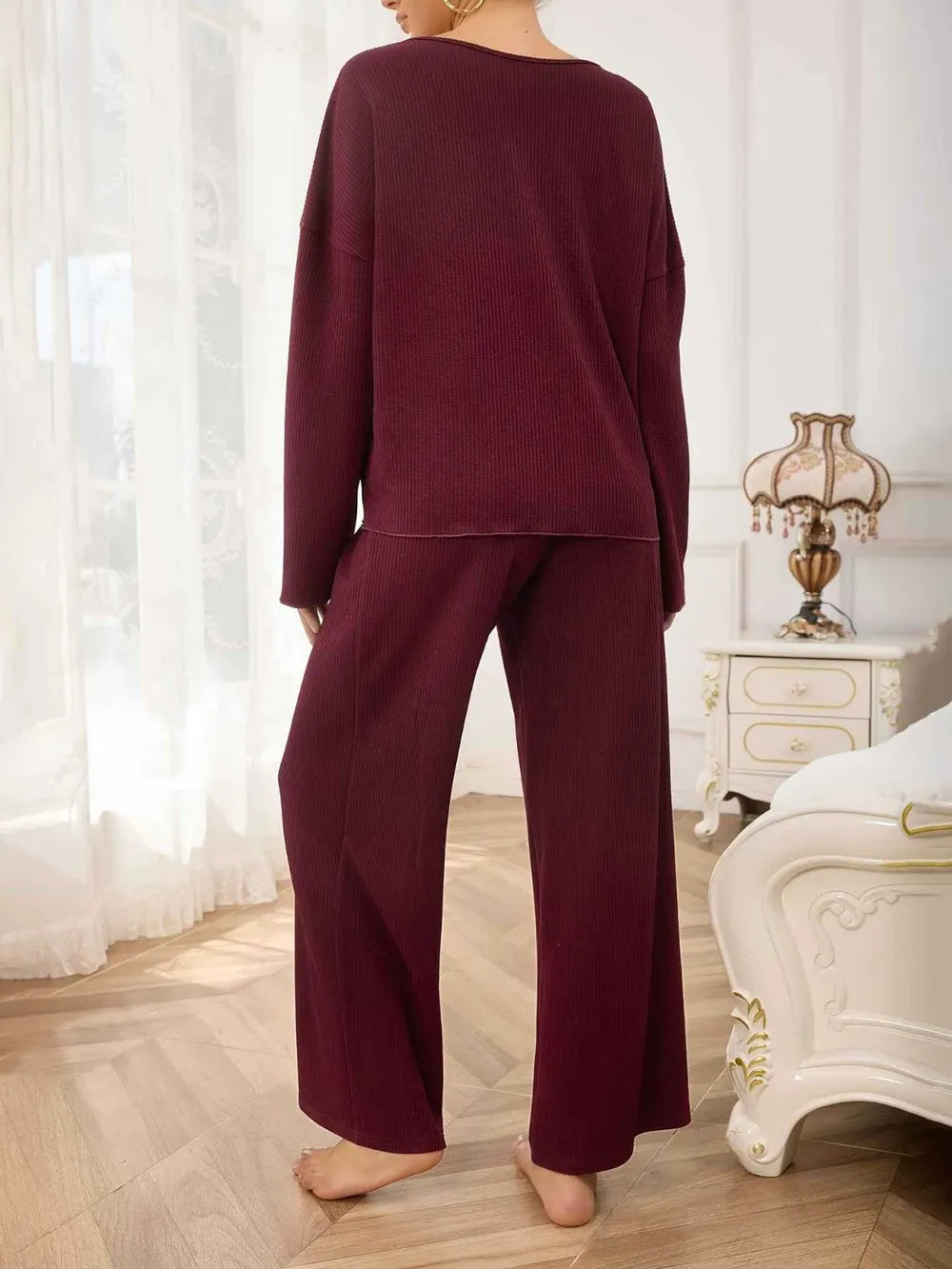 V-Neck Long Sleeve Top and Wide Leg Pants Set-Nordavory