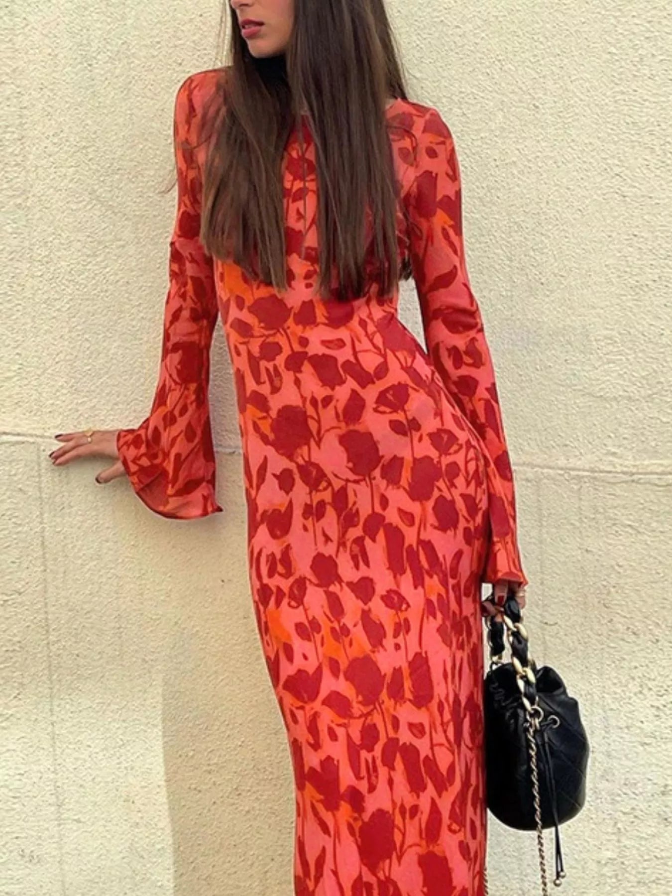 Floral Print Fare Sleeve Maxi Dress-Nordavory