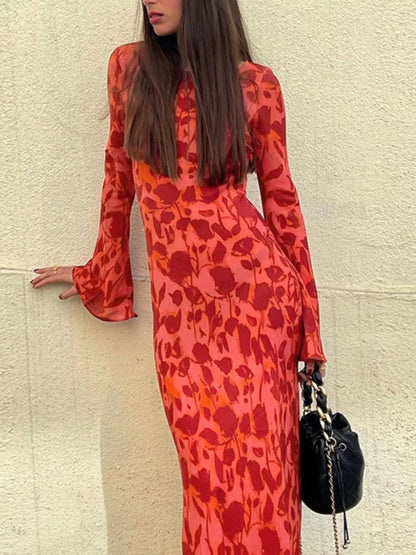 Floral Print Fare Sleeve Maxi Dress-Nordavory