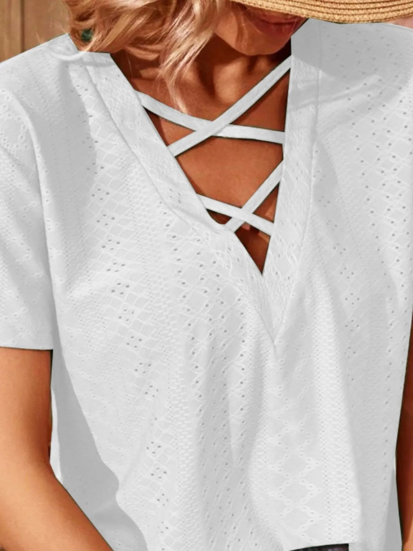 Eyelet Crisscross Short Sleeve T-Shirt-Nordavory