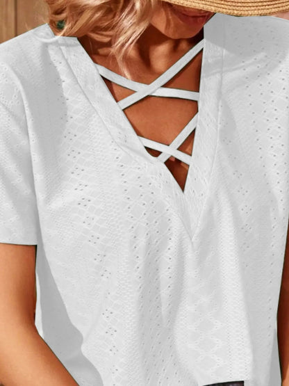 Eyelet Crisscross Short Sleeve T-Shirt-Nordavory