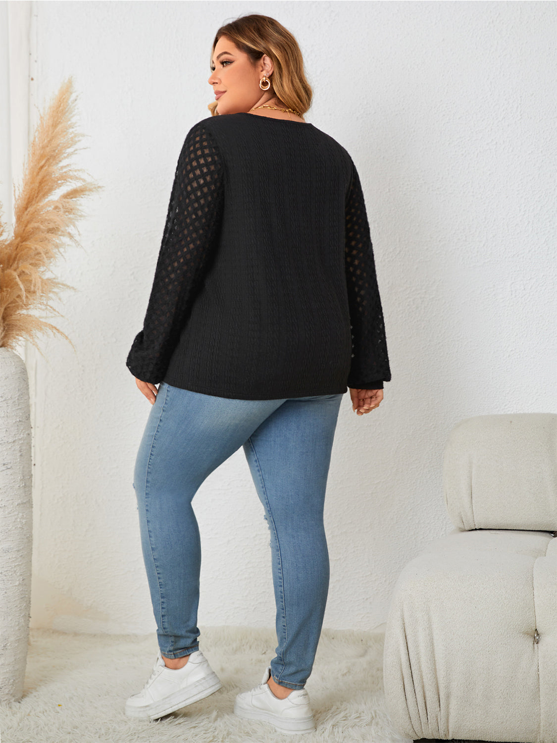 Honey Plus Size Openwork Notched Button Front Blouse-Nordavory