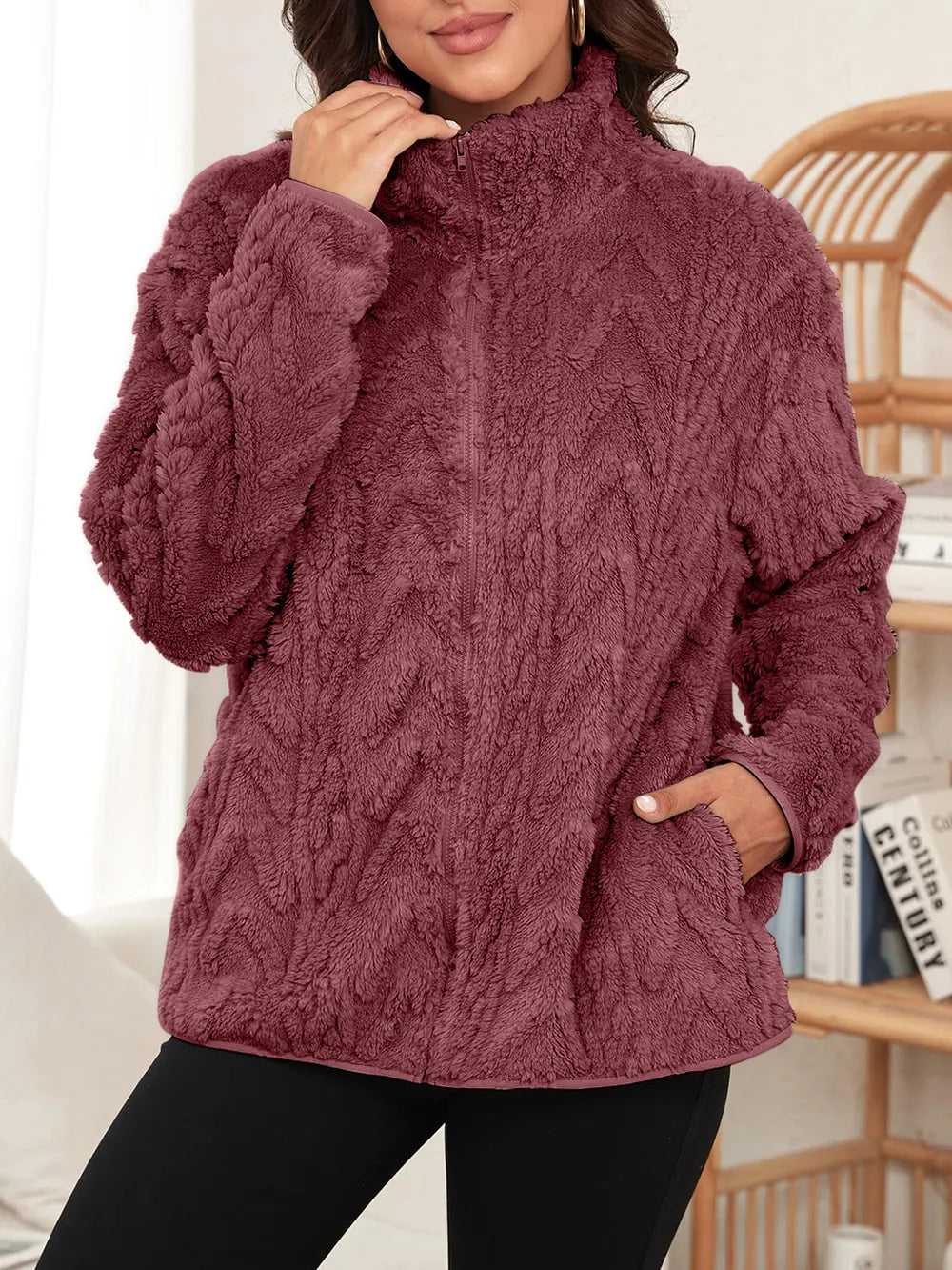 Fuzzy Zip Up Long Sleeve Jacket-Nordavory
