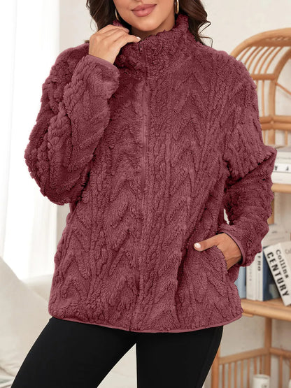 Fuzzy Zip Up Long Sleeve Jacket-Nordavory