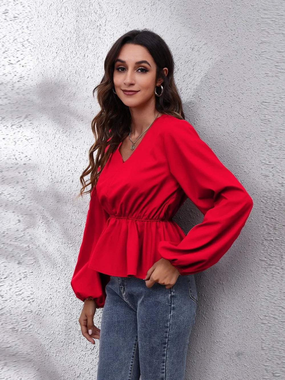 V-Neck Balloon Sleeve Peplum Blouse-Nordavory