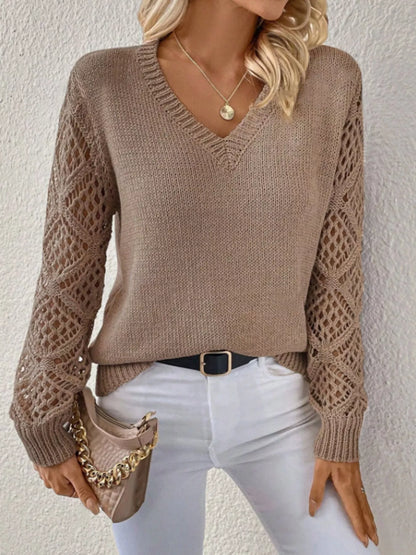 V-Neck Crochet Sleeve Sweater-Nordavory