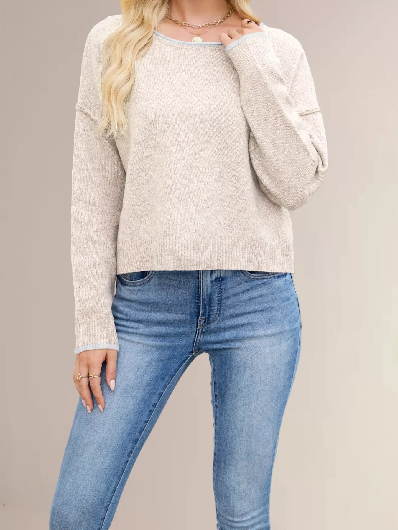 Round Neck Dropped Shoulder Sweater-Nordavory