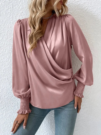 Surplice Smocked Lantern Sleeve Blouse-Nordavory