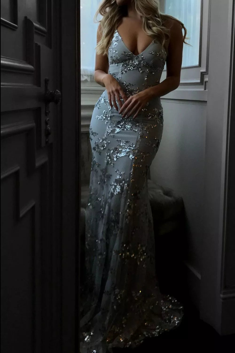 Full Size Sequin Tie Back V-Neck Maxi Dress Plus Size-Nordavory