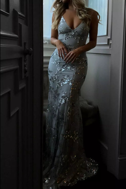 Full Size Sequin Tie Back V-Neck Maxi Dress Plus Size-Nordavory