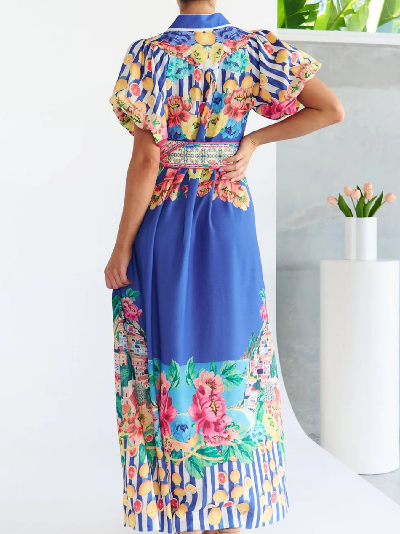 Printed Button Front Puff Sleeve Maxi Dress-Nordavory