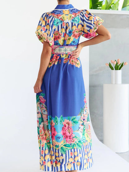 Printed Button Front Puff Sleeve Maxi Dress-Nordavory