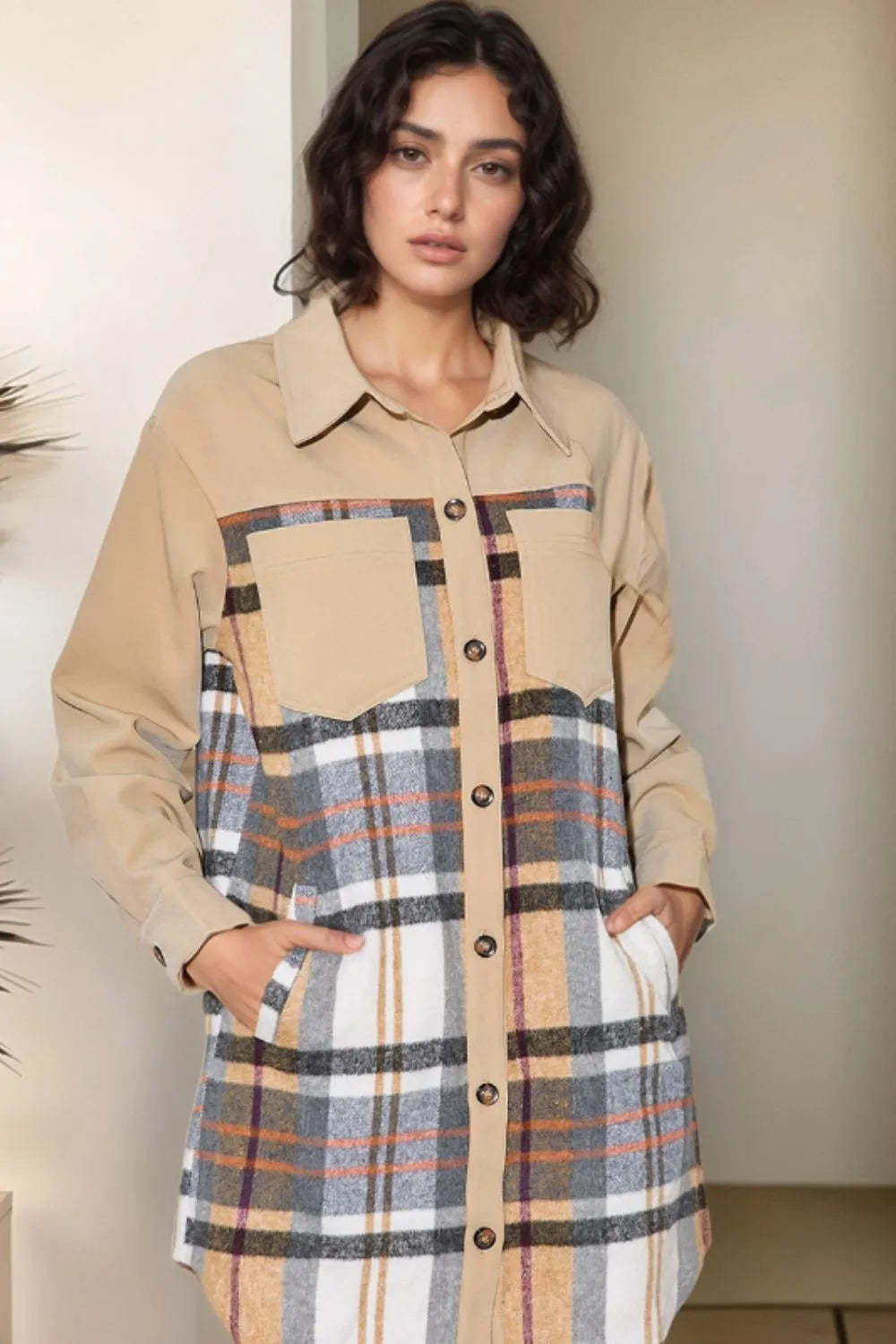 Pocketed Plaid Long Sleeve Mini Shirt Dress-Nordavory