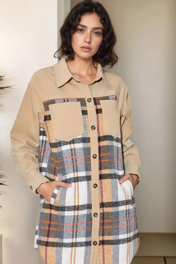 Pocketed Plaid Long Sleeve Mini Shirt Dress-Nordavory