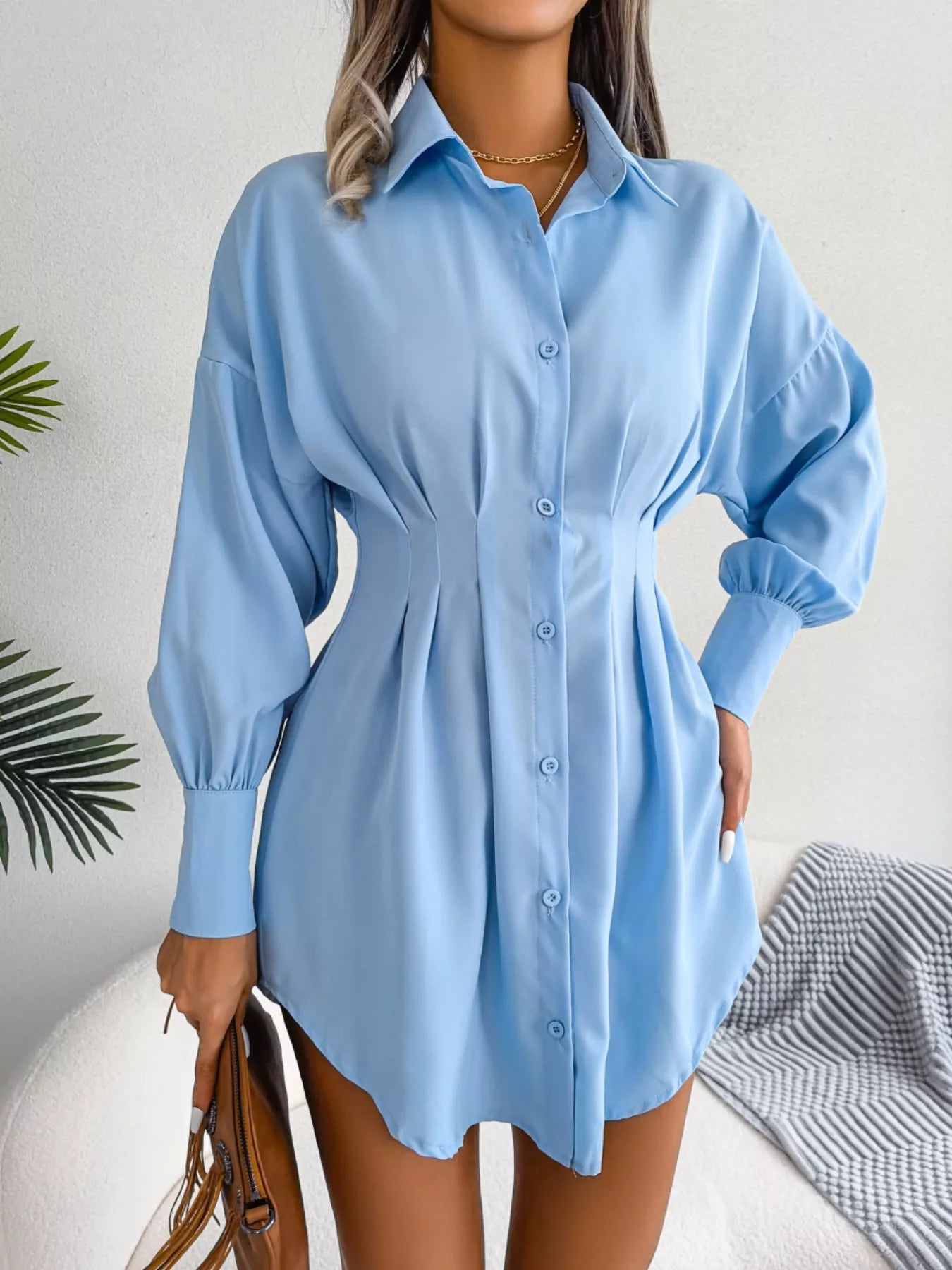 Elegant Button-Down Cinched Waist Mini Shirt Dress-Nordavory