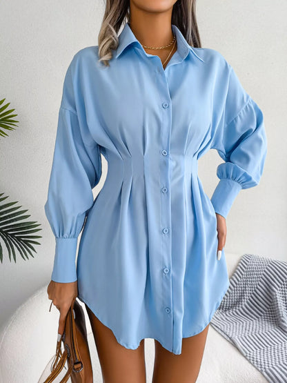 Elegant Button-Down Cinched Waist Mini Shirt Dress-Nordavory