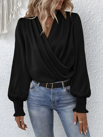 Surplice Smocked Lantern Sleeve Blouse-Nordavory