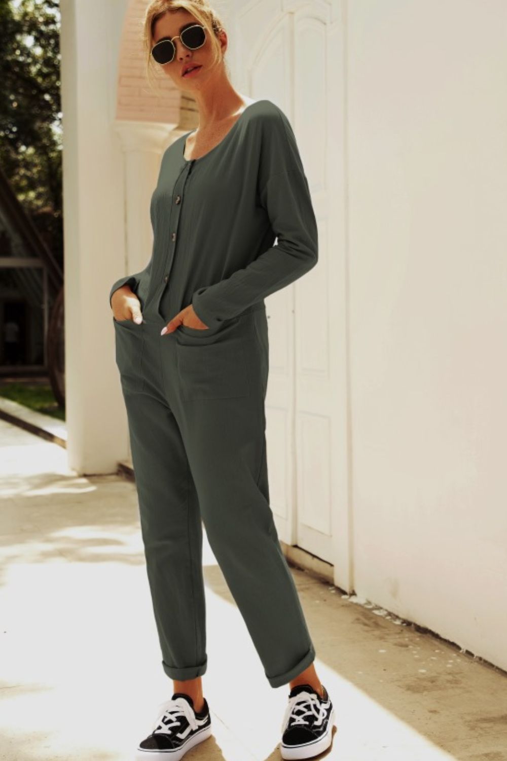 Buttoned Drop Shoulder Pocket Jumpsuit-Nordavory