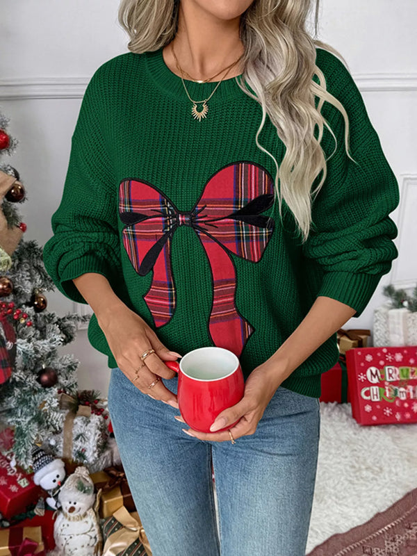 Plaid Bow Round Neck Christmas Sweater-Nordavory