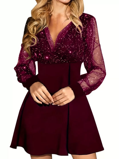 Glitter Mesh Long Sleeve Mini Dress-Nordavory