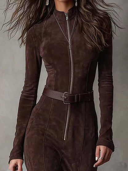 Full Size Slit Zip Front Long Sleeve Dress Plus Size-Nordavory