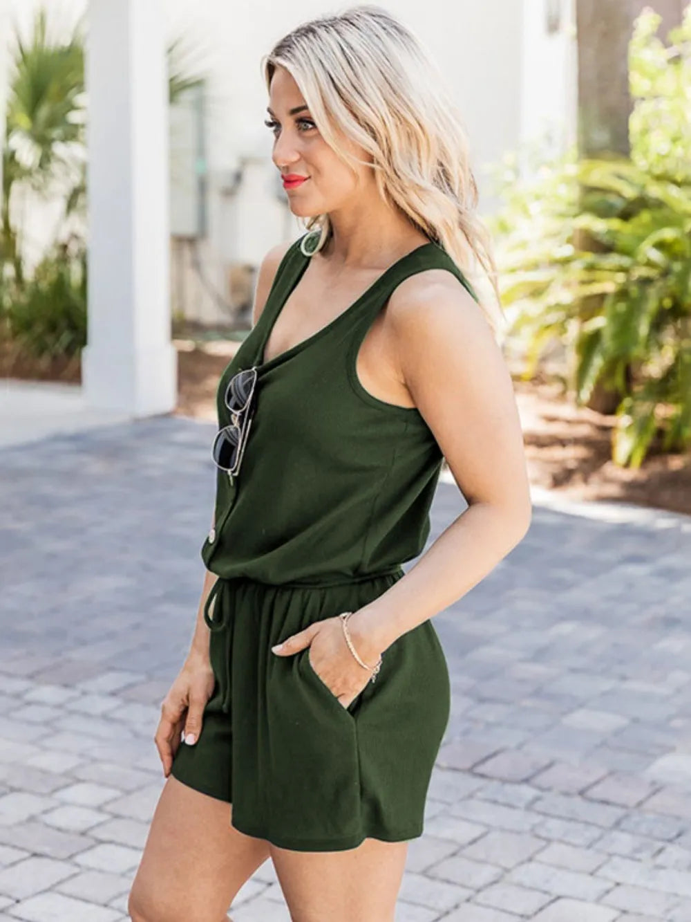Scoop Neck Wide Strap Romper with Pockets-Nordavory