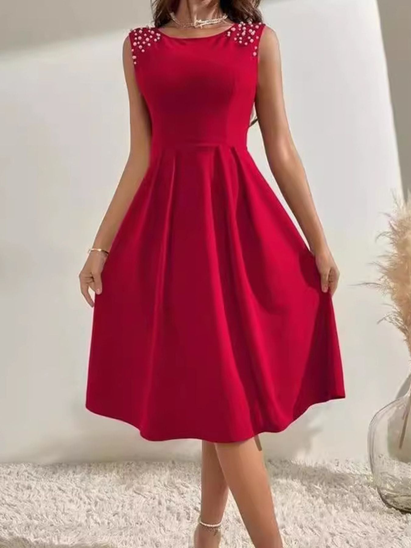 Pearl Detail Sleeveless Midi Dress-Nordavory